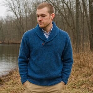 Vintage Mighty-Mac Shetland Wool Shawl Collar Sweater Mens Large‎ Knit Blue